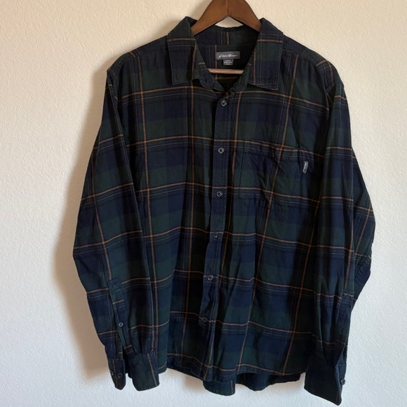 Eddie Bauer 100% Cotton Flannel Shirt - Navy, Green & Gold Plaid, Size XL - Picture 1 of 8